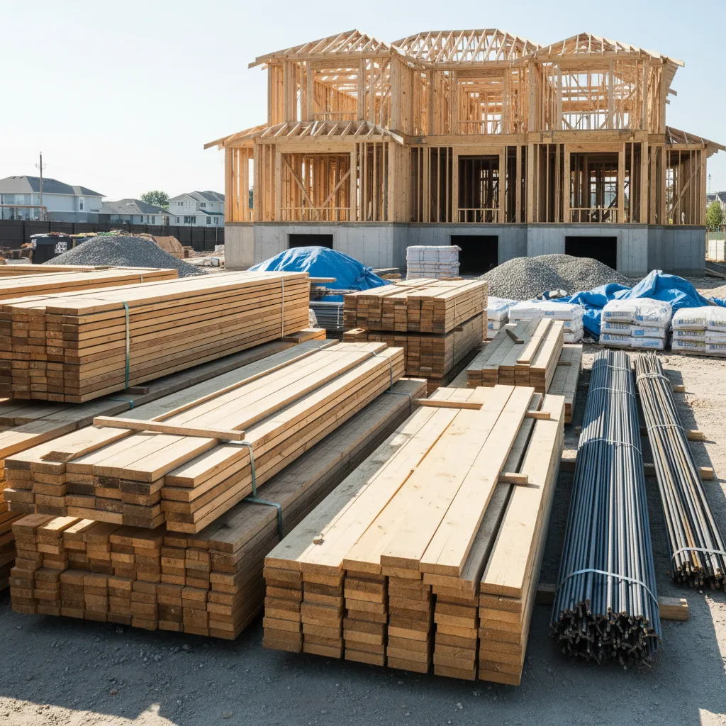 construction materials including lumber and steel at residential building site