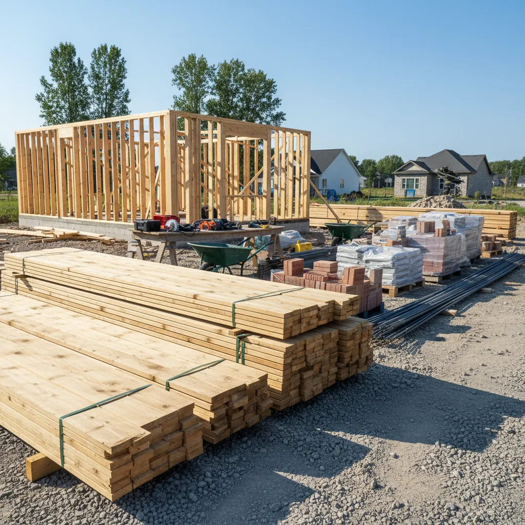 stacked lumber and construction materials at a residential building site