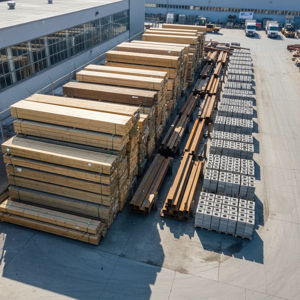 Stacks of lumber steel and building materials organized at a construction supply yard