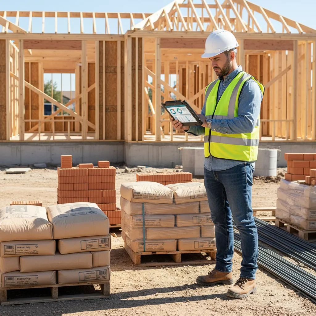 Builder reviewing construction material usage chart on tablet at job site