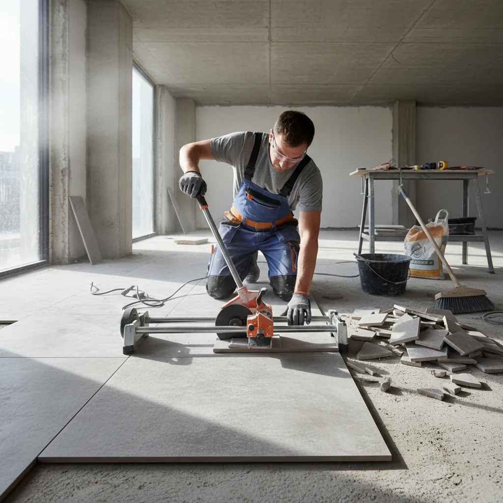 Contractor cutting floor tiles showing typical material waste during installation