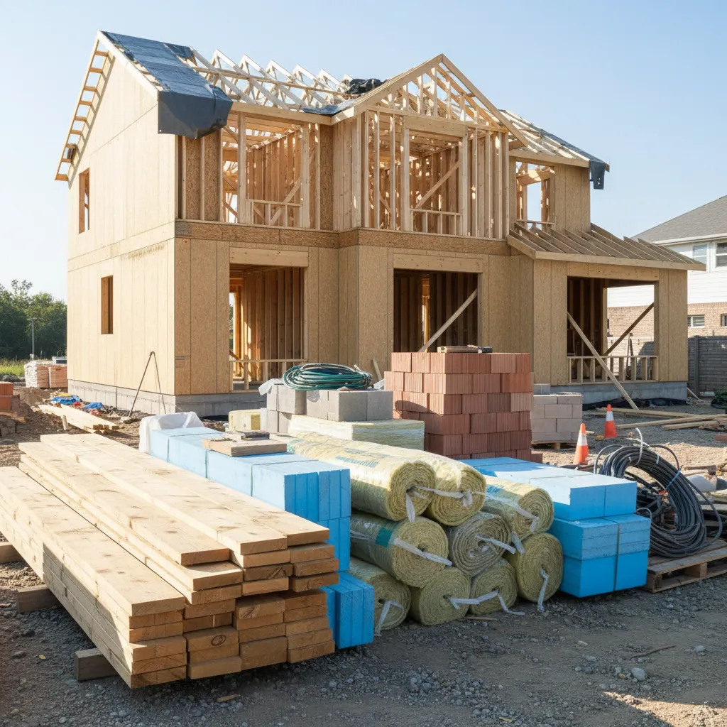 Stacked lumber insulation and construction materials on residential job site