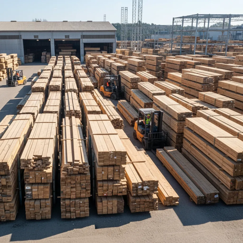 stacked lumber and building materials at residential construction supply yard