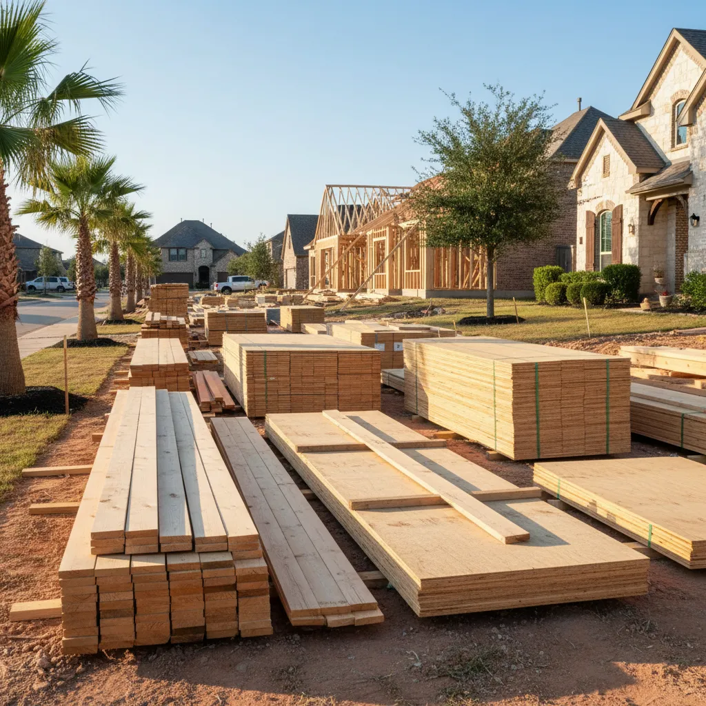 stacked lumber and construction materials at a Texas building site
