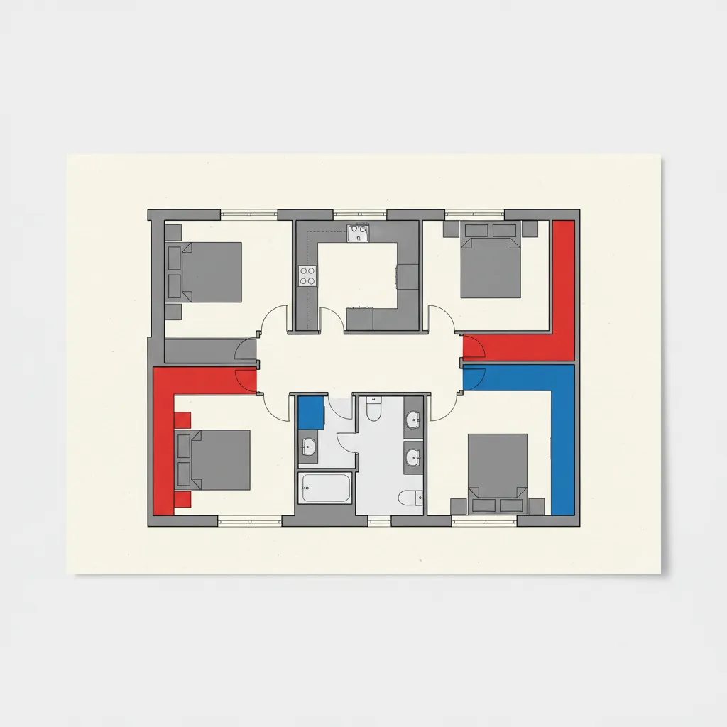 Architectural drawing highlighting demolition and new construction with red and blue color coding