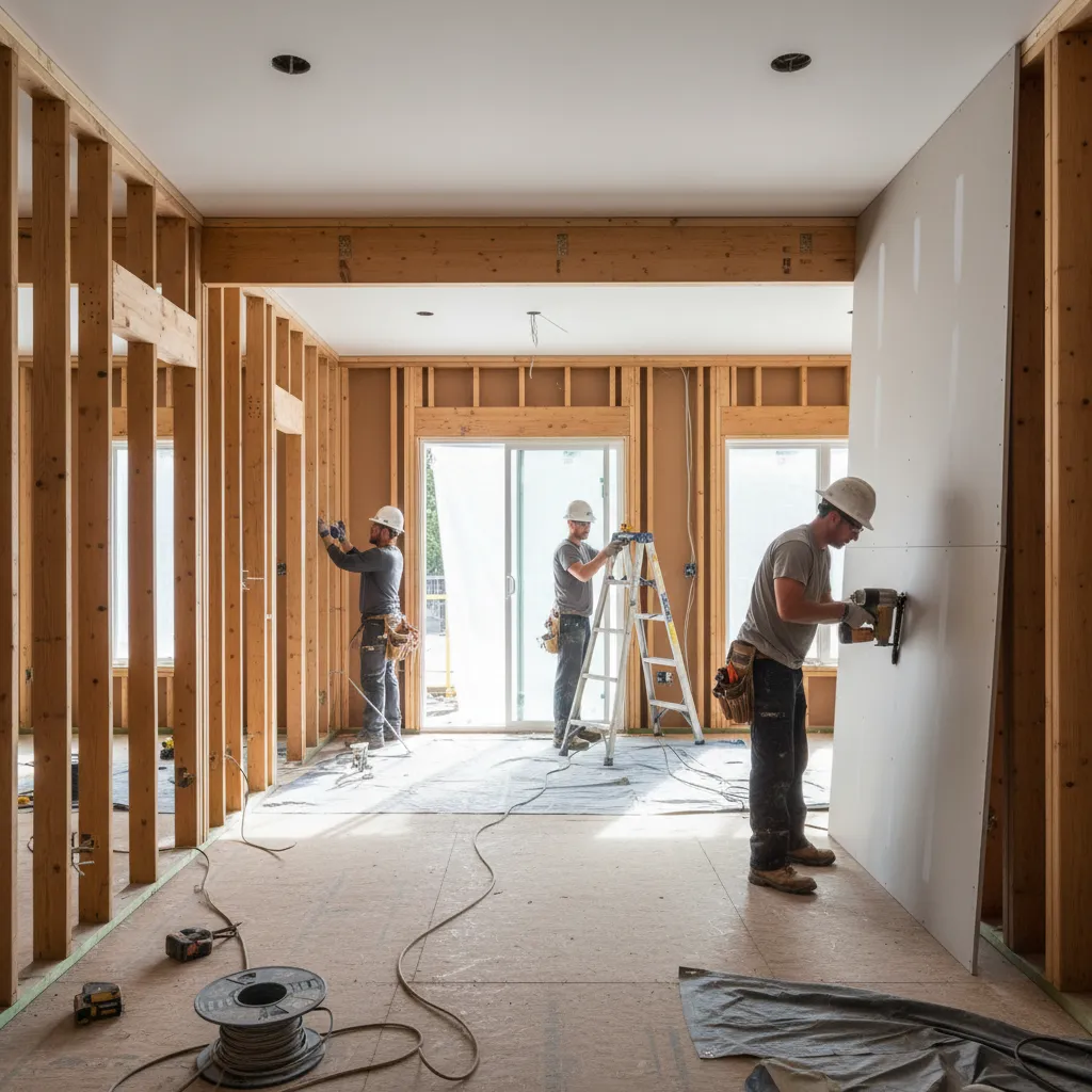 Home renovation construction progress showing framing and remodeling stages