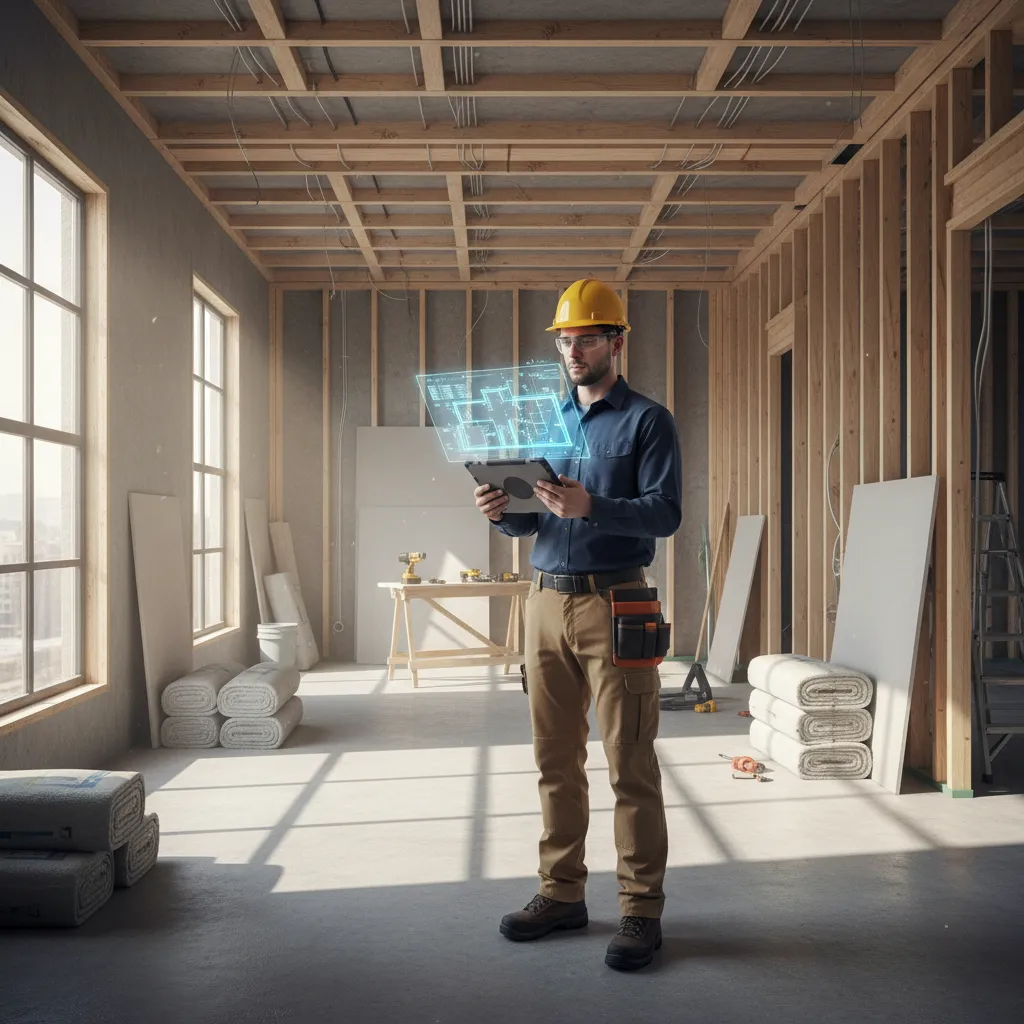 Construction worker wearing yellow hard hat reviewing digital blue floor plan inside unfinished wooden house