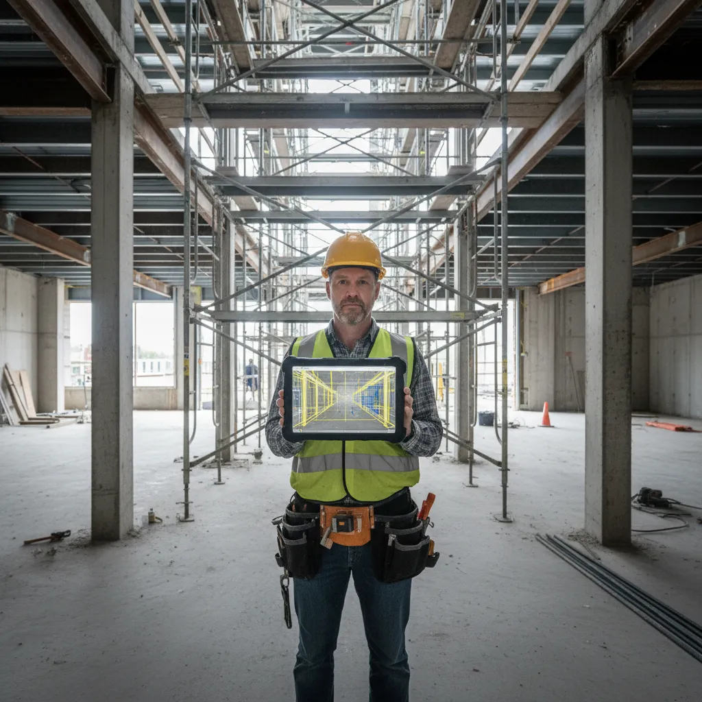Construction manager reviewing 360 site documentation and floor plan layout