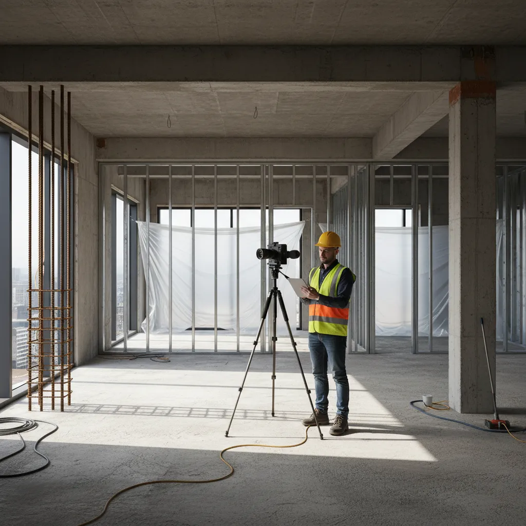 Construction manager documenting building interior with 360 camera for progress tracking