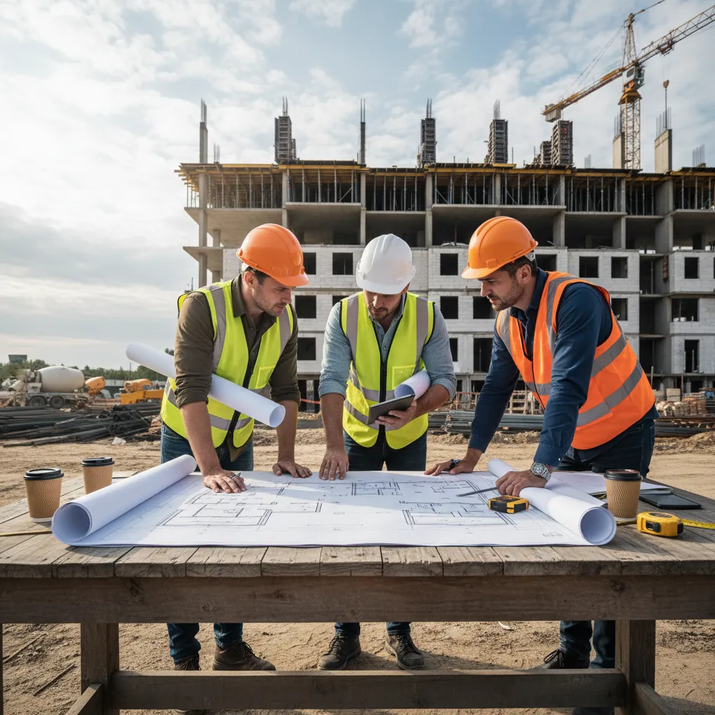 Contractors reviewing printed building plans on a construction site table
