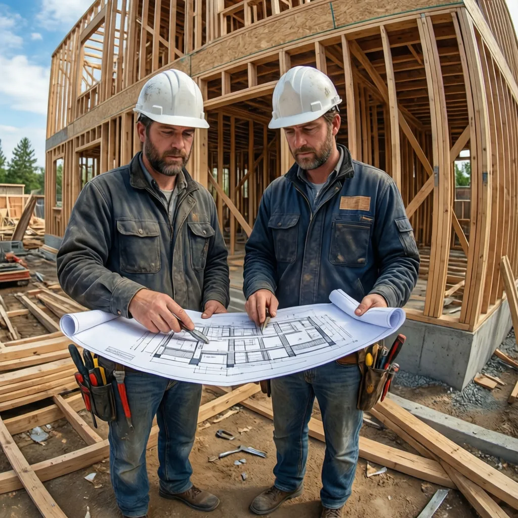 contractors reviewing building plans at residential construction site