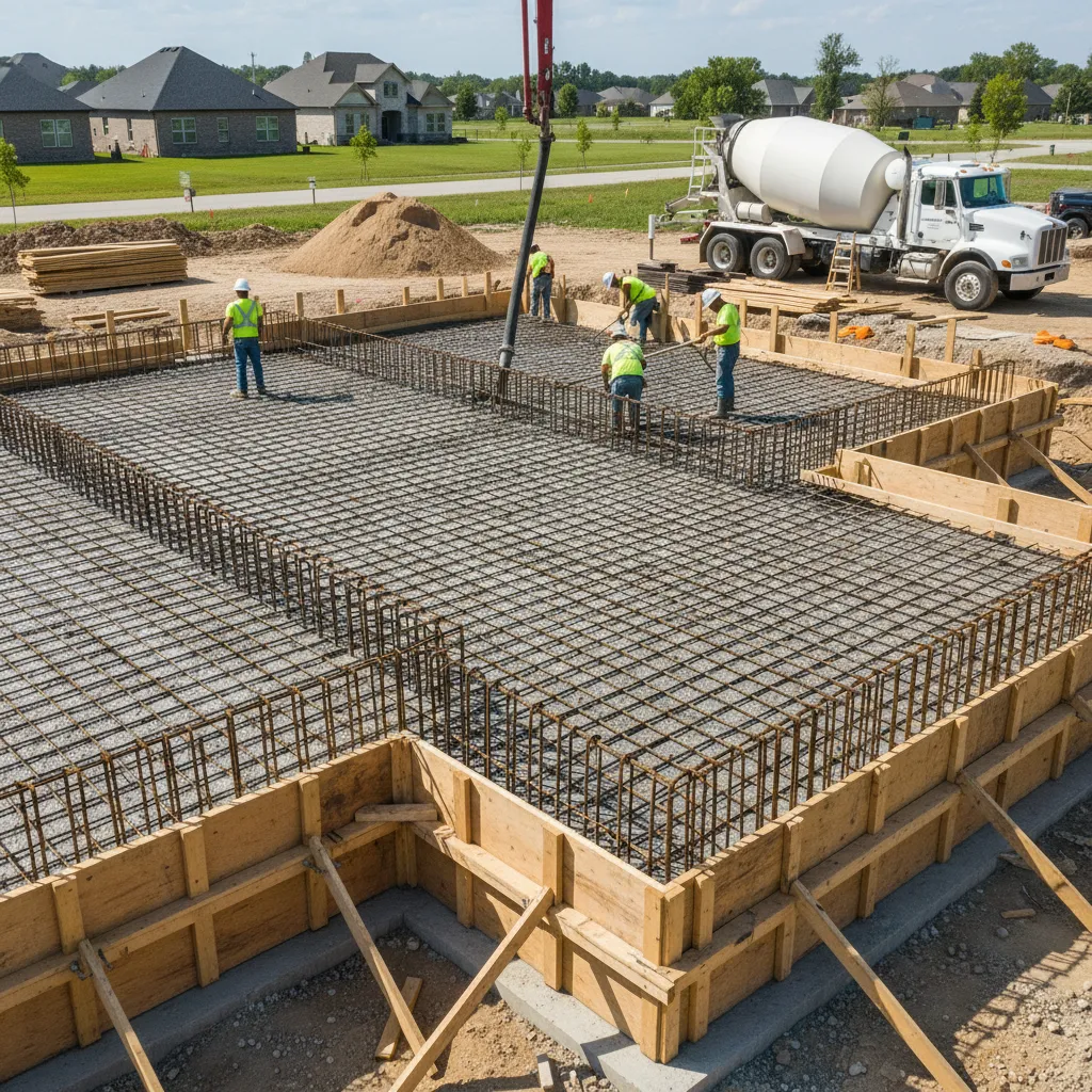residential construction foundation with rebar and concrete preparation