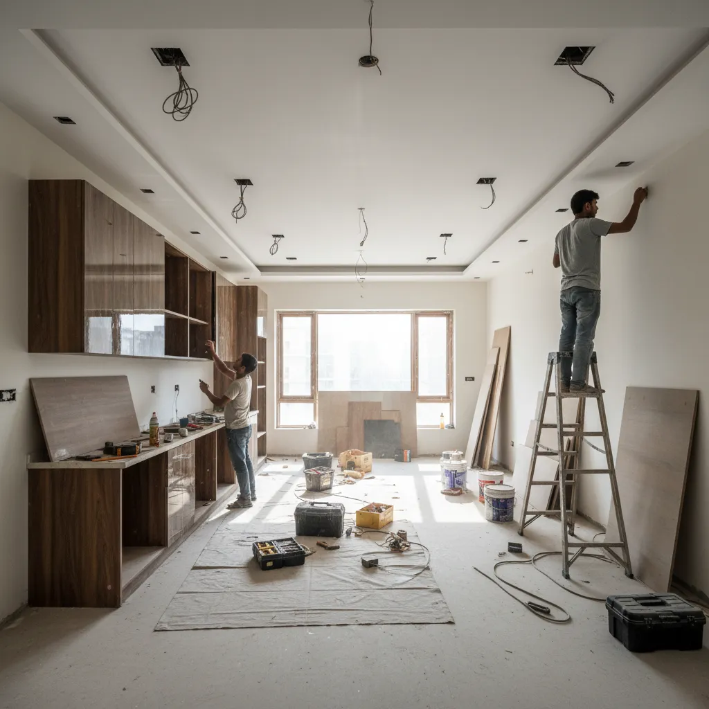 Interior renovation site in Bangalore apartment with workers installing cabinetry