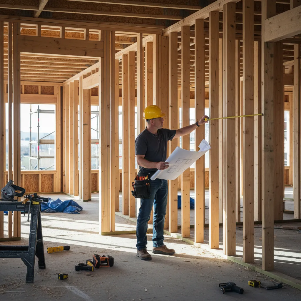 Contractor measuring framing layout using architectural floor plan dimensions