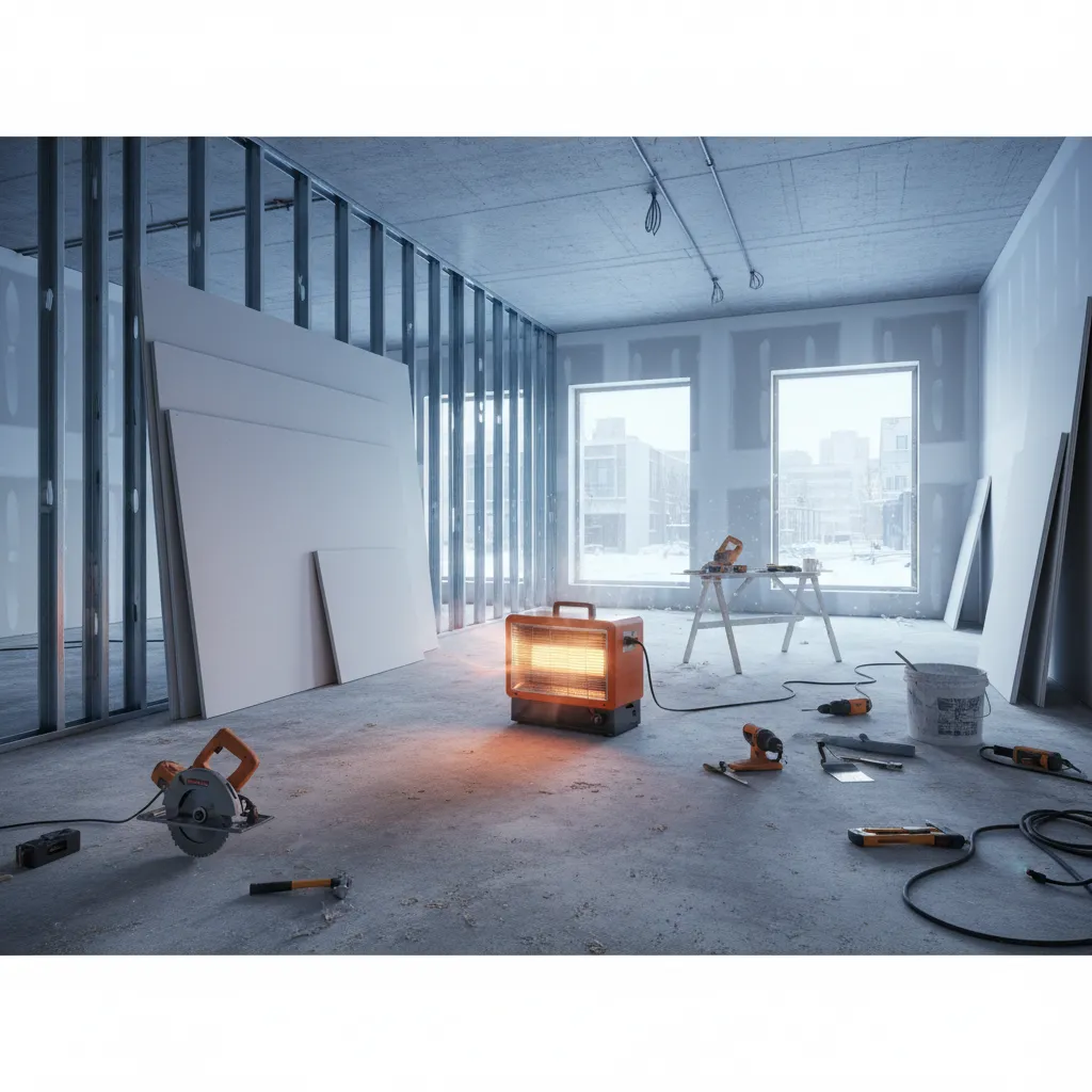 Construction site interior with orange electric heater, metal wall studs, white wall panels, and tools