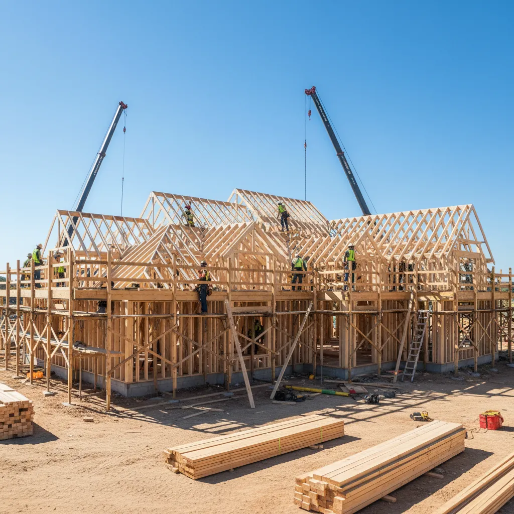 Skilled construction workers framing a custom home structure