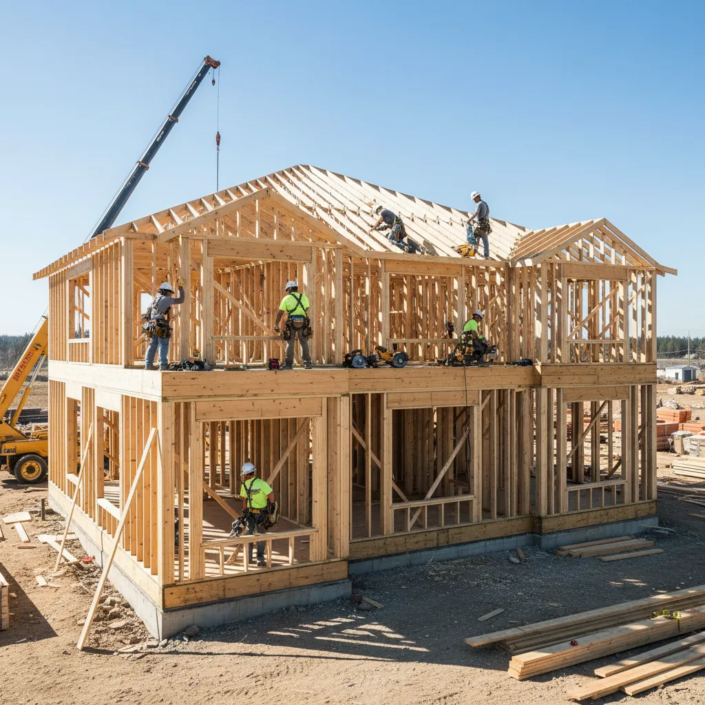 Residential construction workers installing structural elements on a large home project