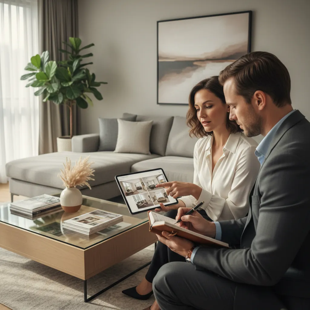 Cliente mostrando fotos de su salón durante una consulta de decoración