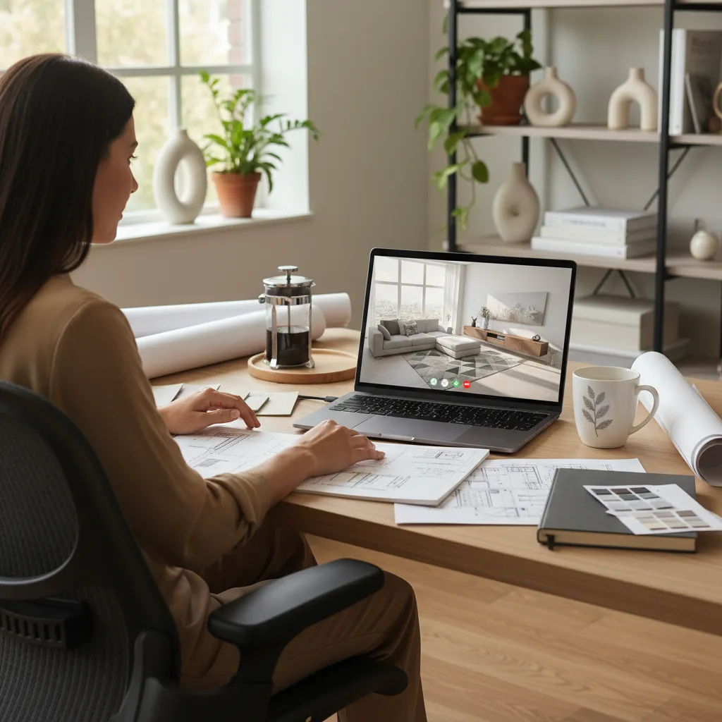 Consulta de decoración online con planos en pantalla