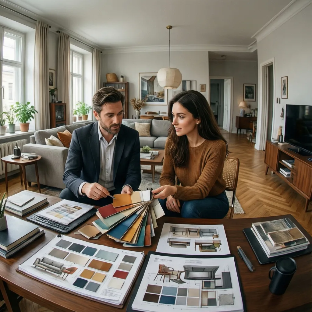Decorador de interiores asesorando a una pareja en su salón
