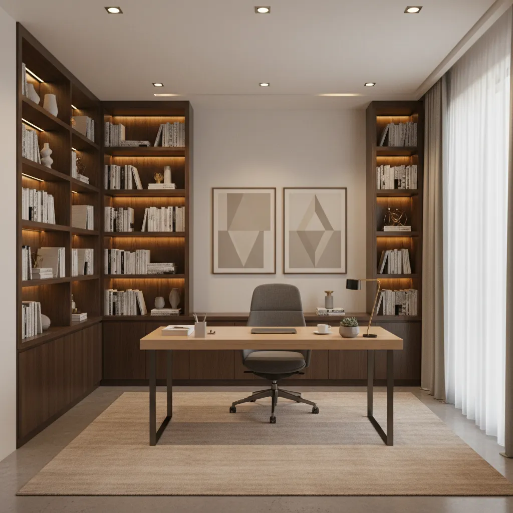 professional consultant home office with bookshelf background and clean desk
