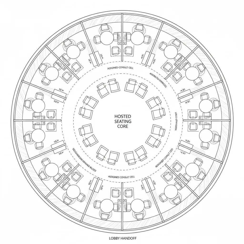2D CAD floor plan of consultation ring with semi-private advisory cells