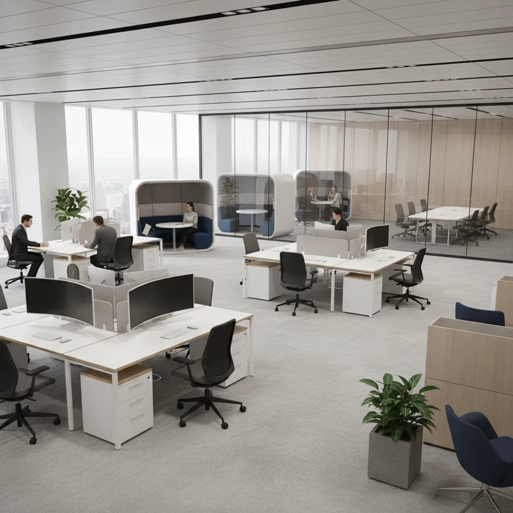 Consulting firm landscape office with flexible team seating and meeting pods