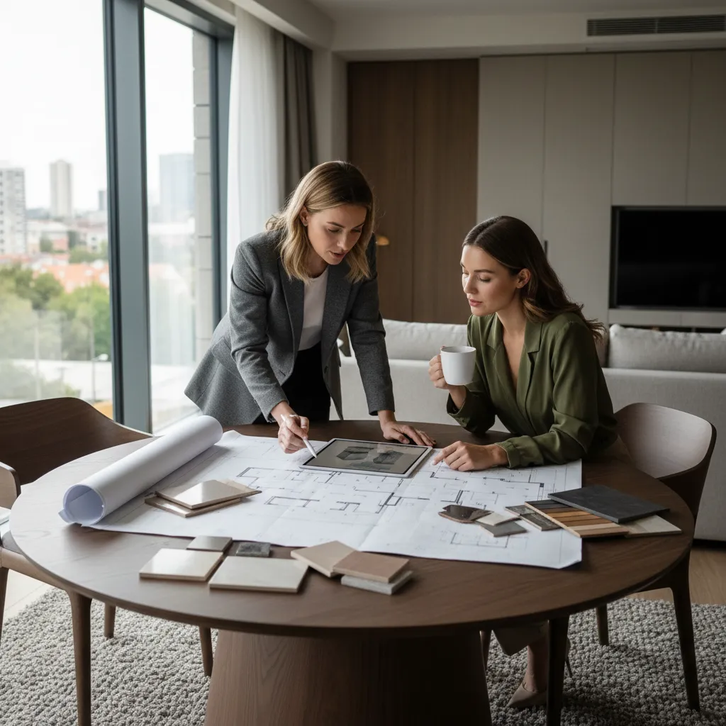 Diseñador asesorando a un cliente con planos y muestras de materiales