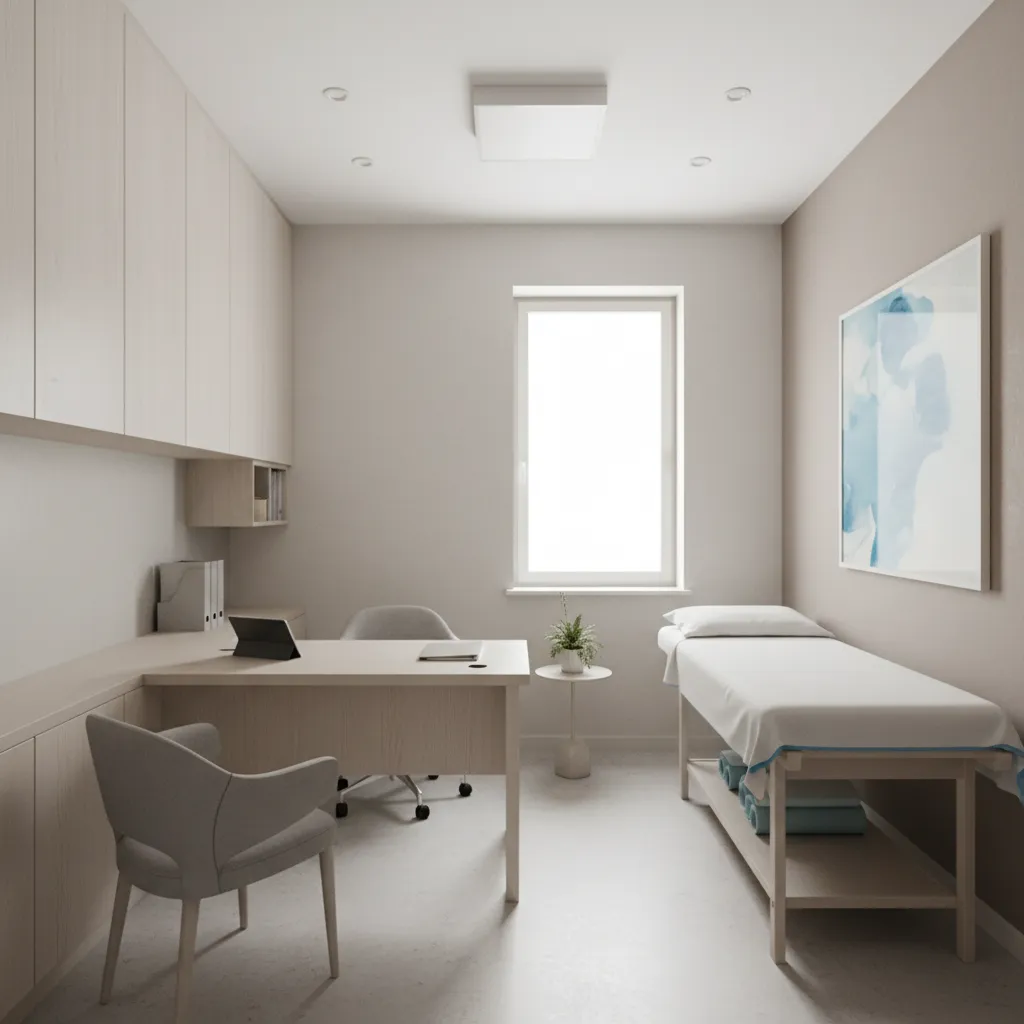 Small medical office with wooden desk, grey chair, examination bed, white window, and minimalist cabinets