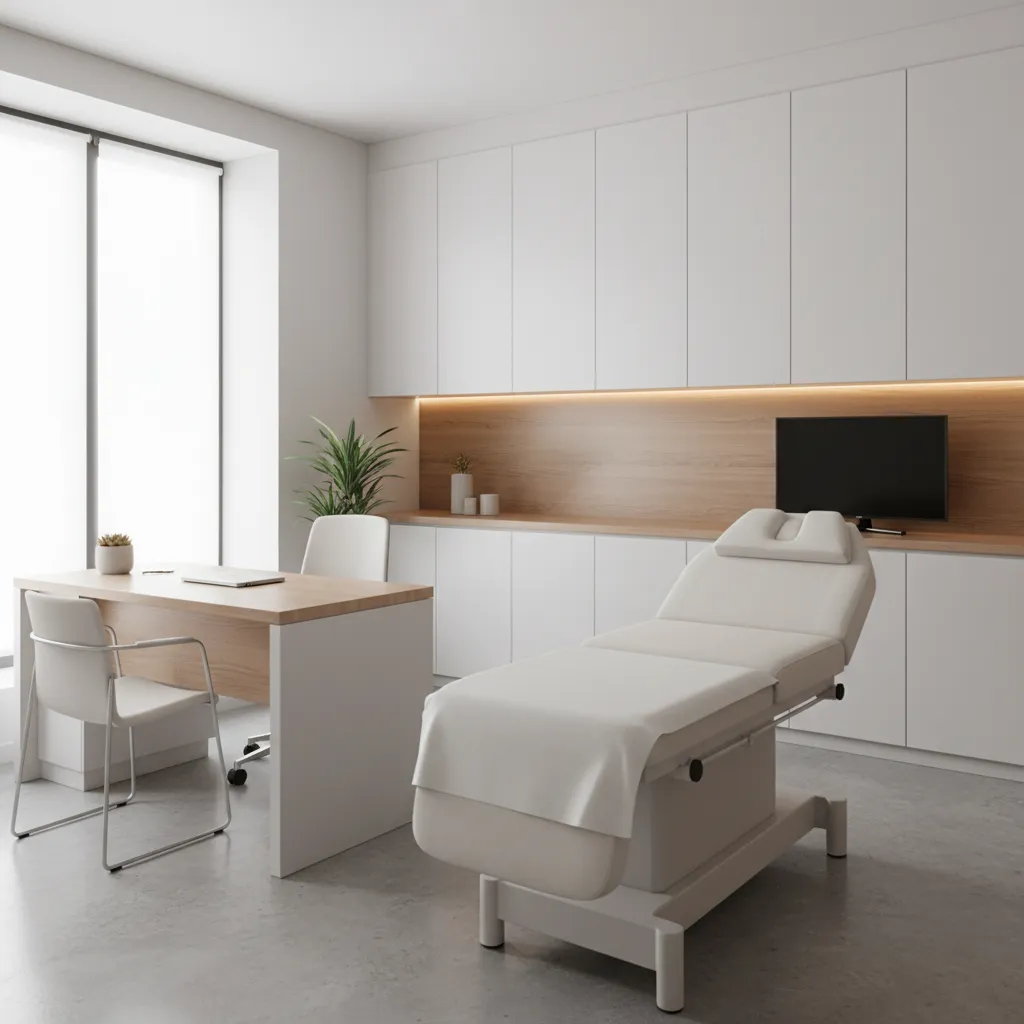 White medical room with treatment bed wood desk white cabinets and wall panel with light