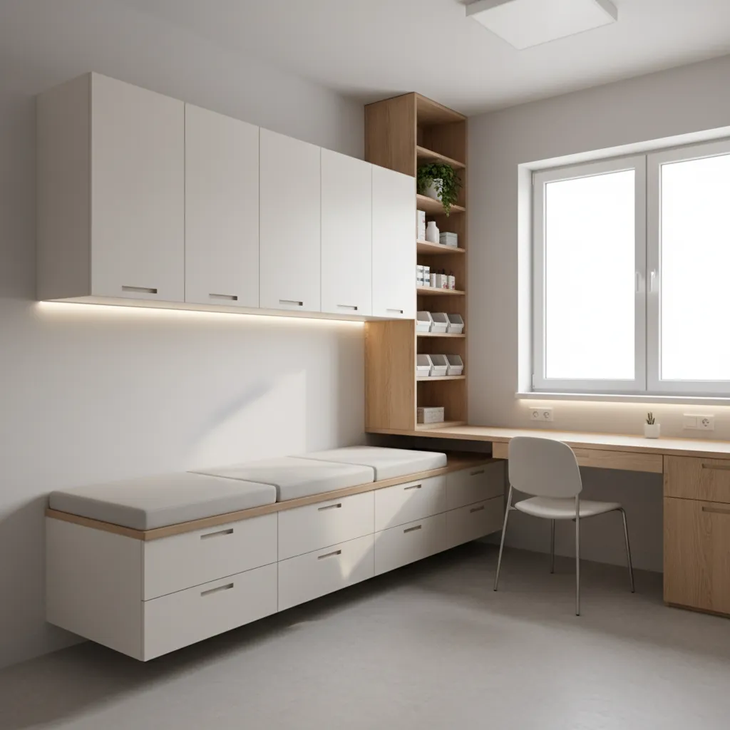 Consultorio médico pequeño optimizado con diseño minimalista y muebles compactos