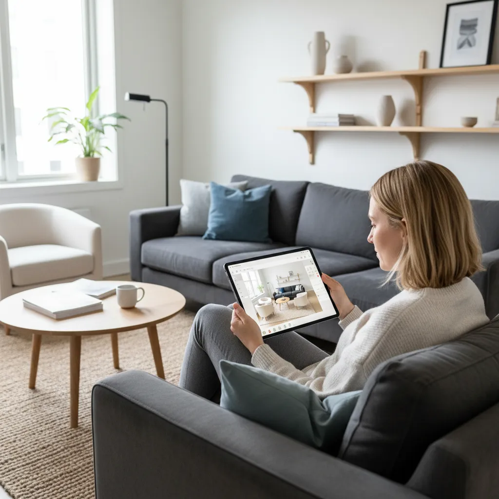 Person using a tablet home decor app to design a living room layout