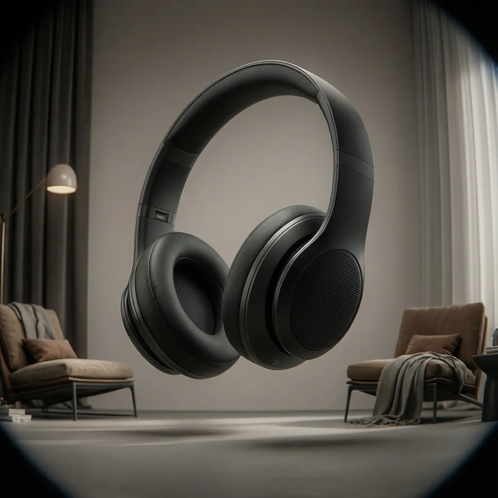 Black headphones floating in a living room with two chairs, a floor light, and curtains