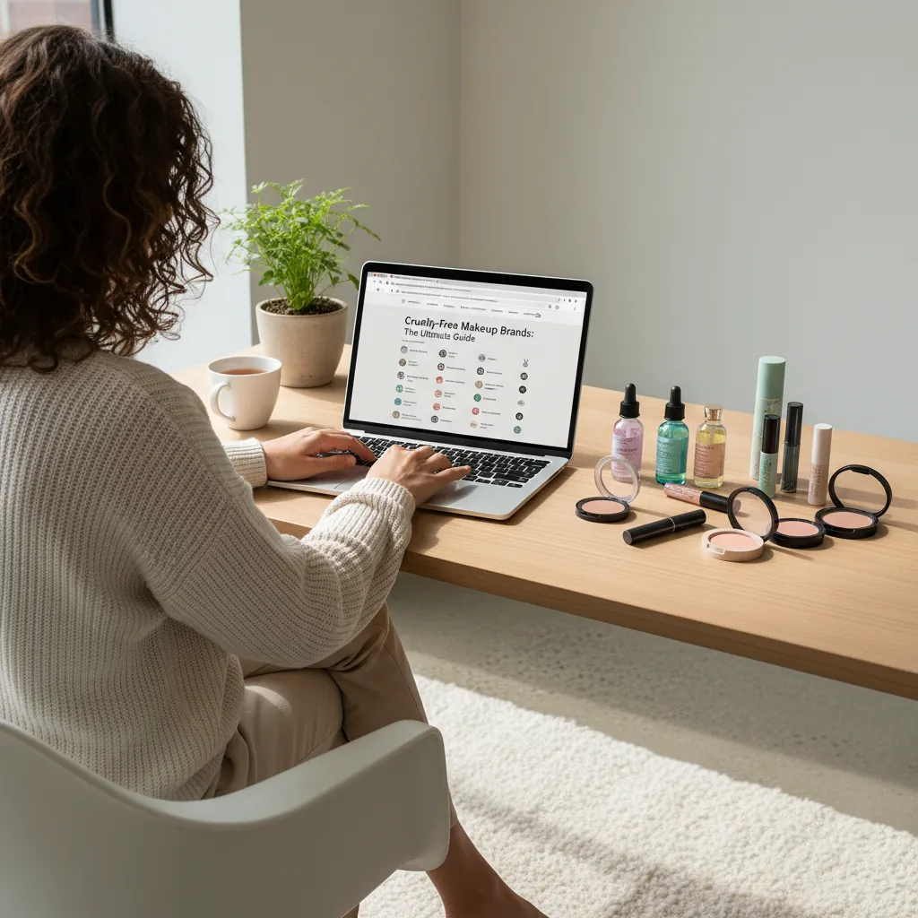 Person researching cruelty‑free cosmetics on laptop with makeup products nearby