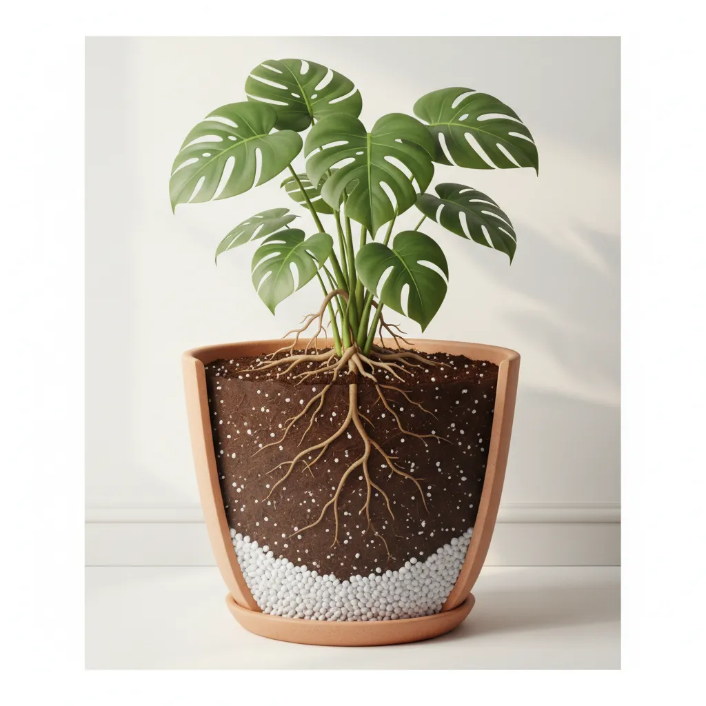 Indoor plant container showing drainage and aeration layers