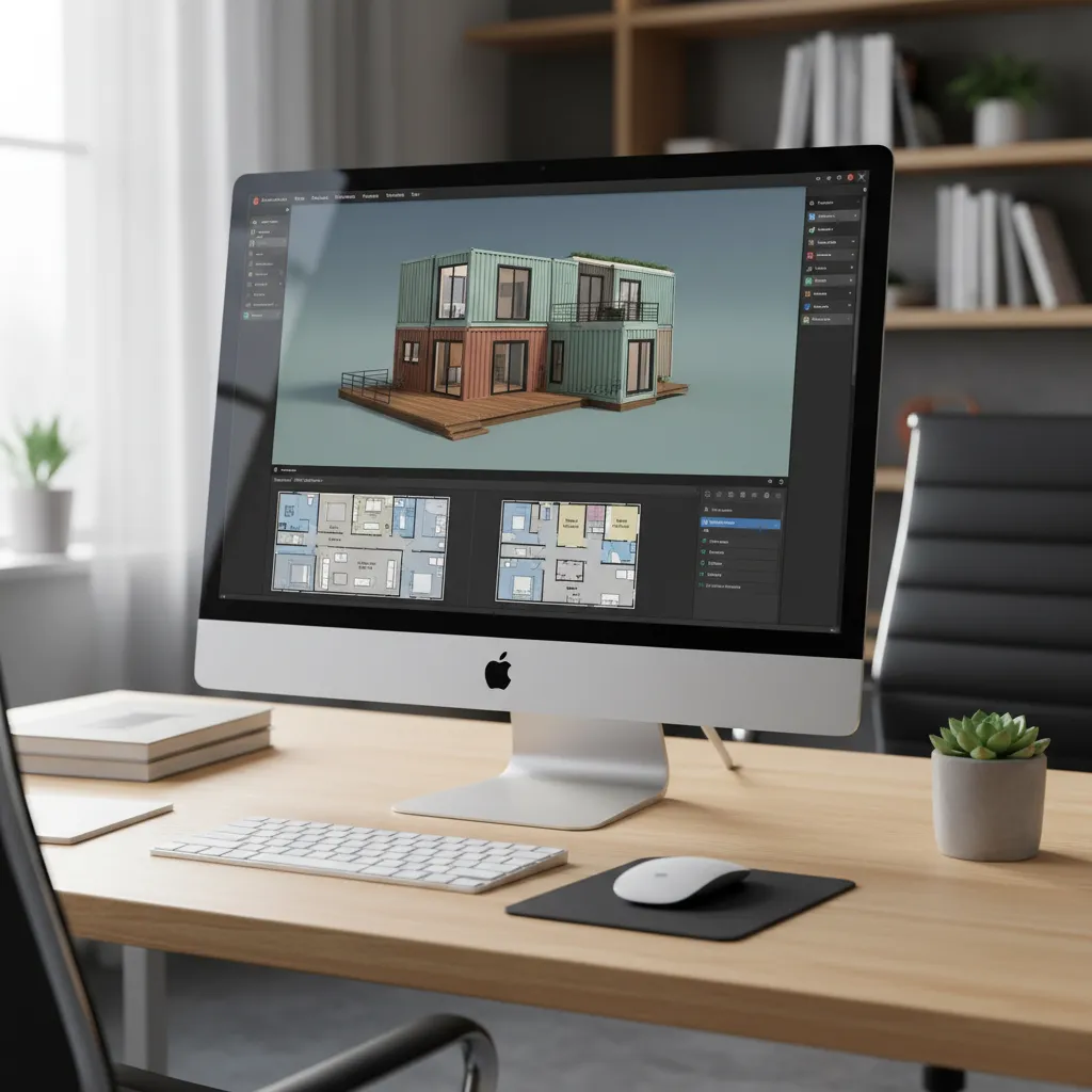 3D container home layout displayed inside a digital design application