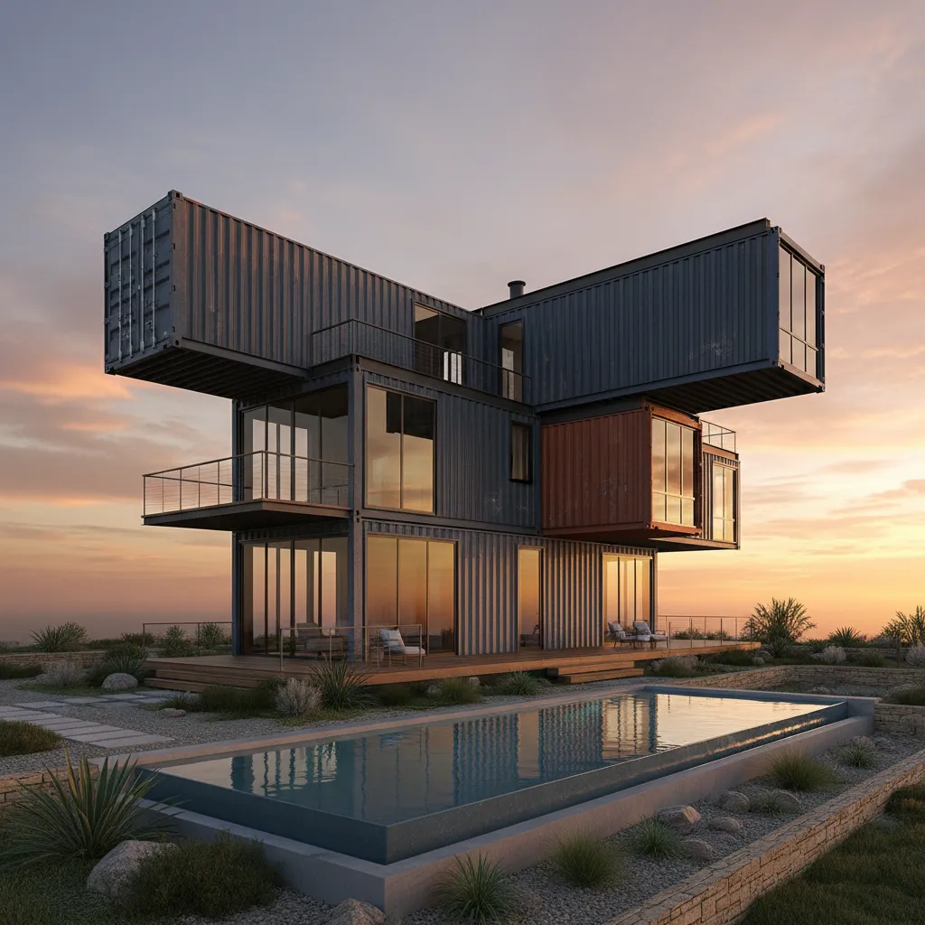 modern shipping container house 3D render with stacked modules