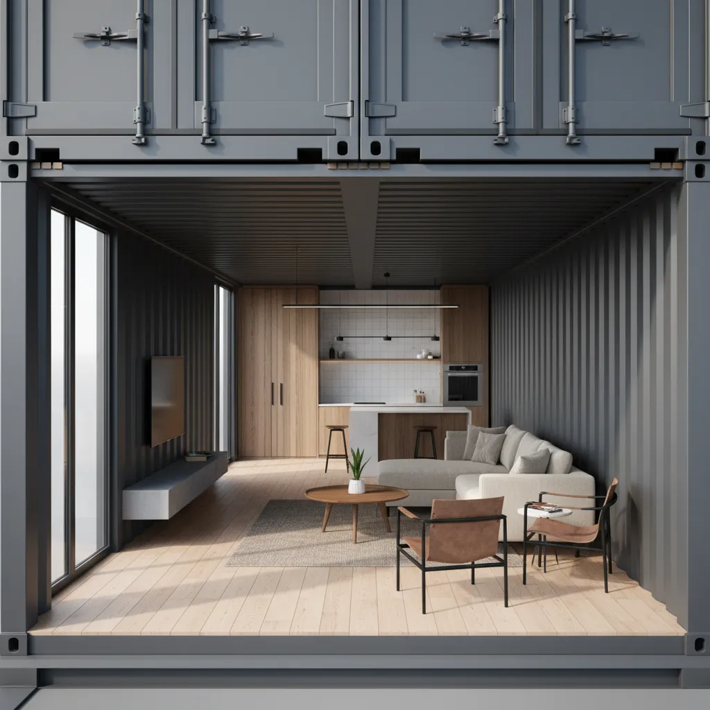 3D visualization of stacked shipping container home interior layout