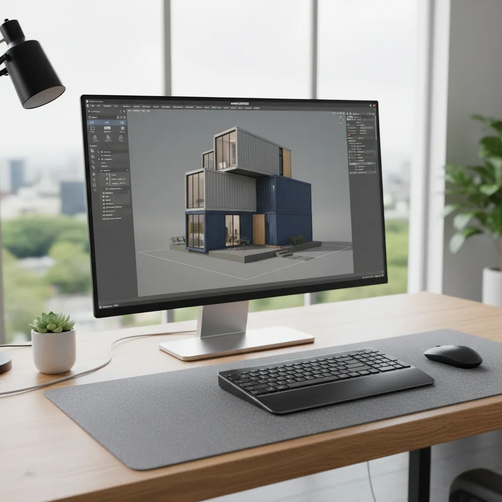 3D modeling software displaying stacked shipping container home concept