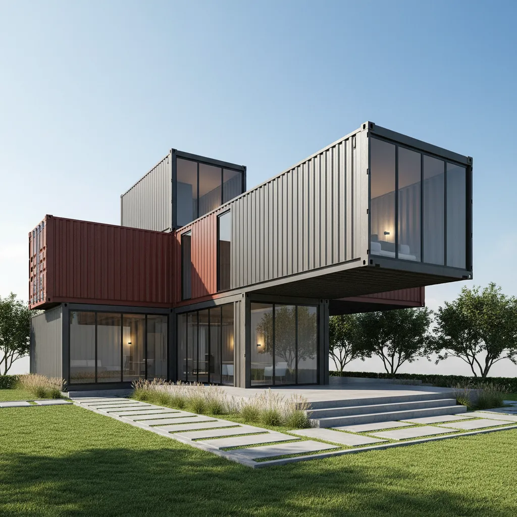 Realistic 3D rendering of a modern stacked shipping container home
