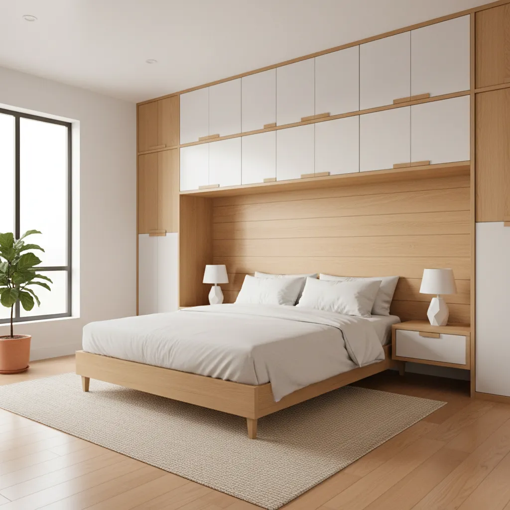 modern bedroom inside shipping container house with built in storage