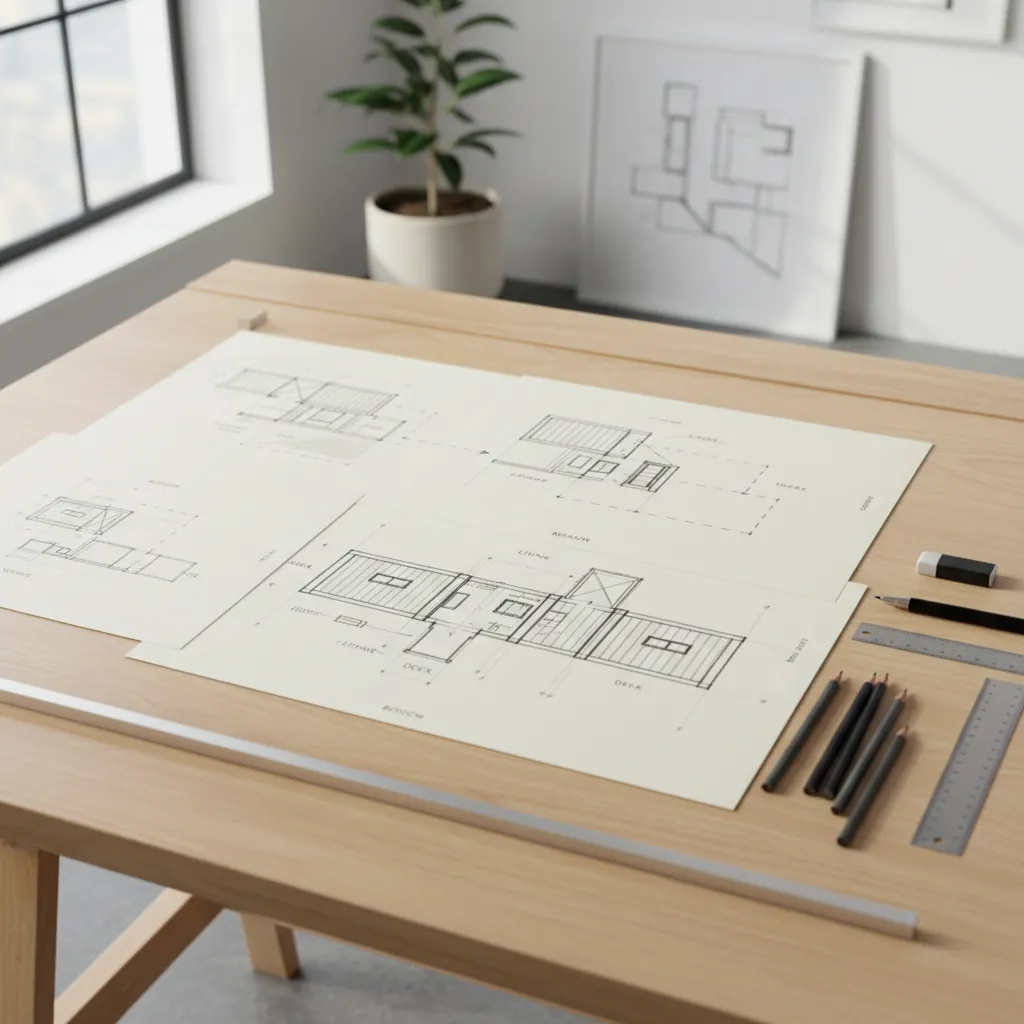 Architect sketching container home layout using modular shipping container blocks