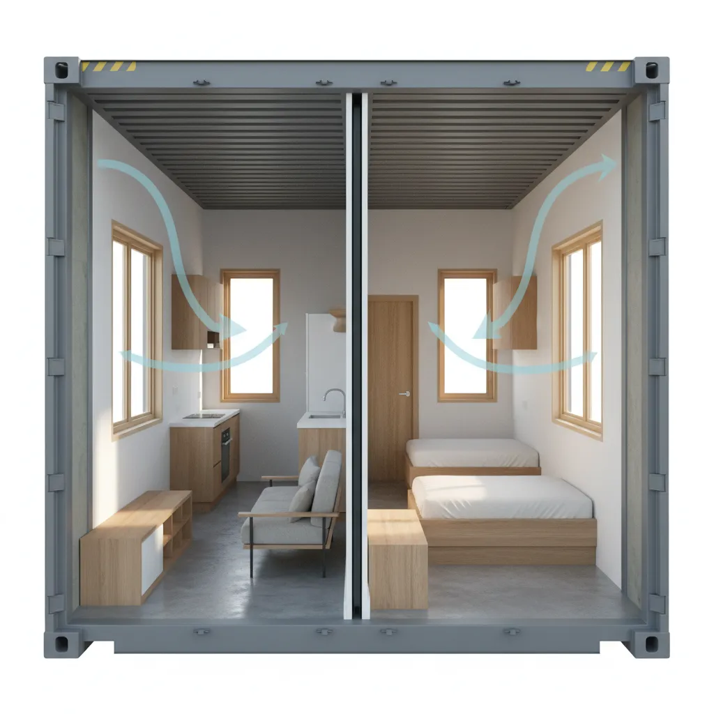 Diagram style visualization of cross ventilation layout in a container house