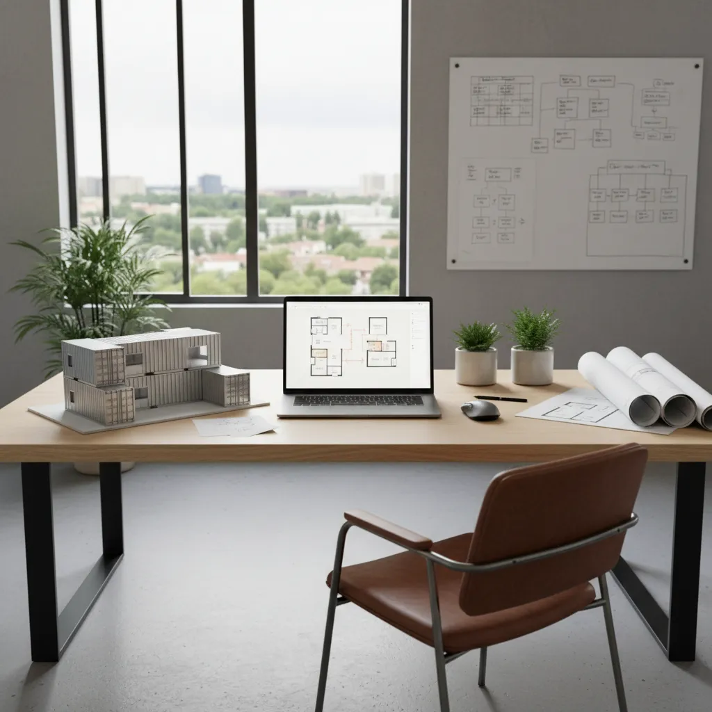Architect planning shipping container home layout with digital floor plan