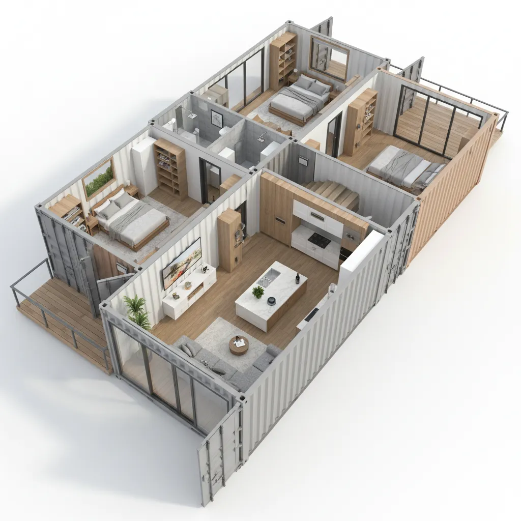 3D floor plan layout showing modular container home arrangement