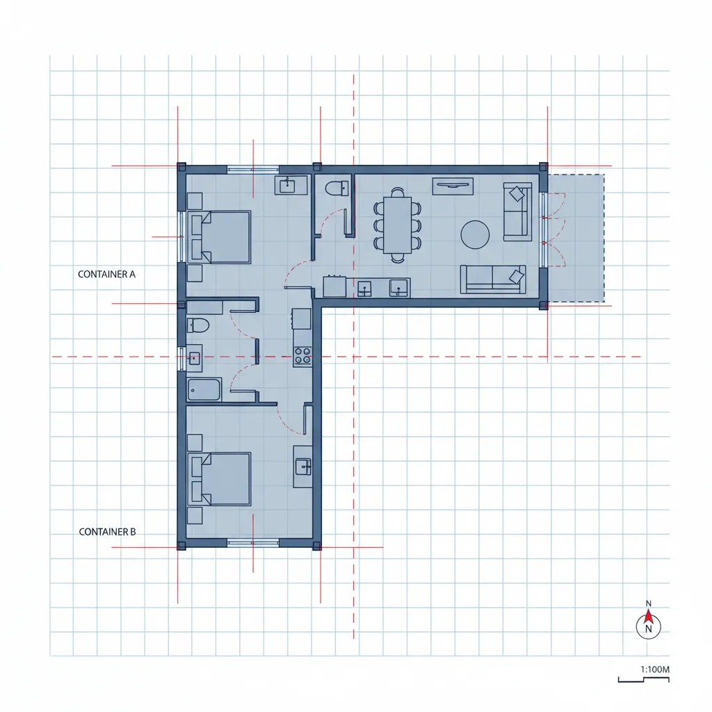 Scaled floor plan of a container home with grid and measurement guides