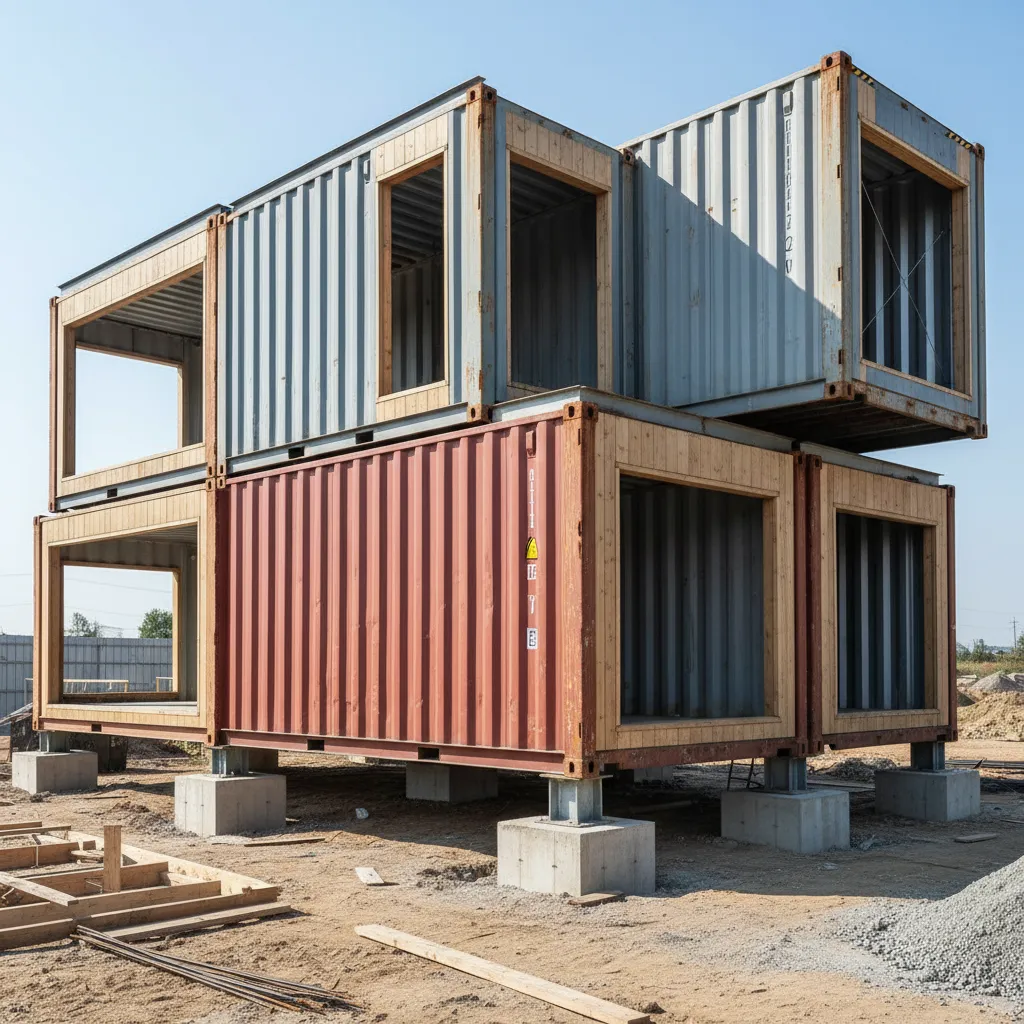 Concrete foundation pads supporting corner posts of shipping container home