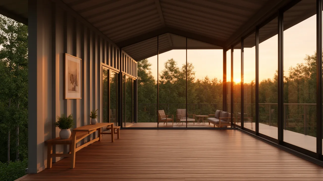 Shipping container home with large glass wall facing nature
