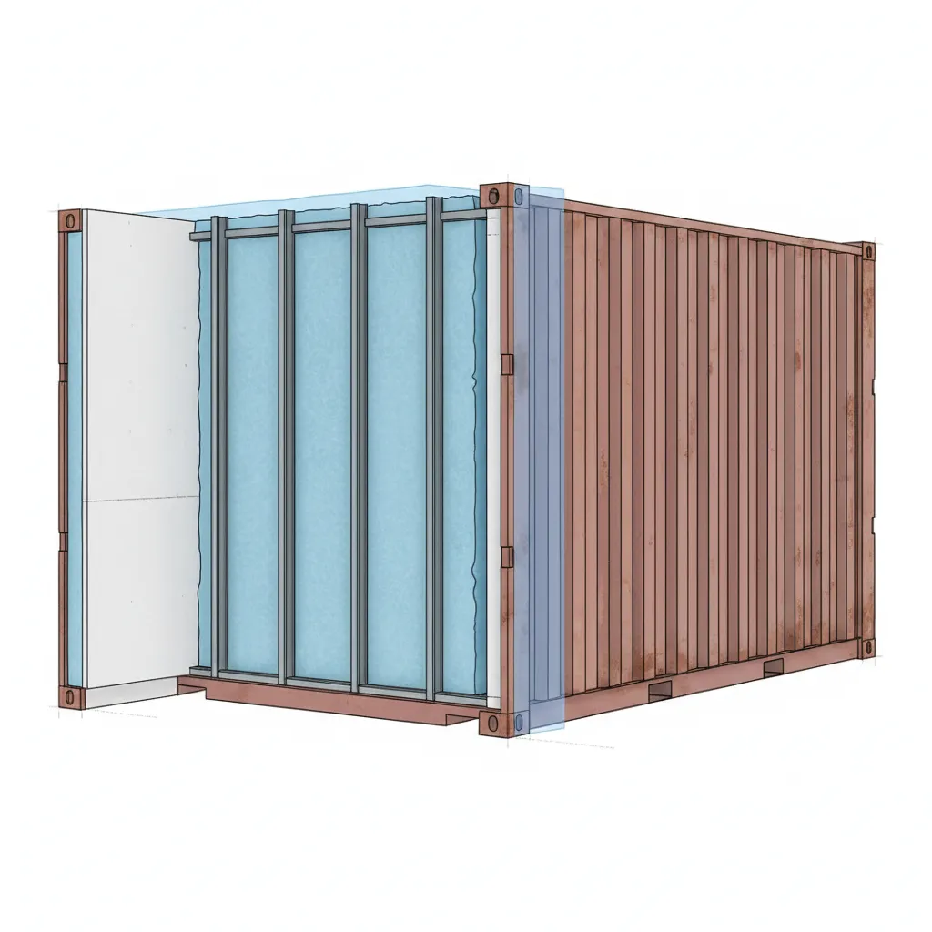 Cross section of container home wall showing insulation layers and vapor barrier