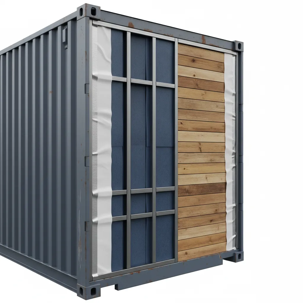 Cutaway view showing insulation layers inside a container home wall